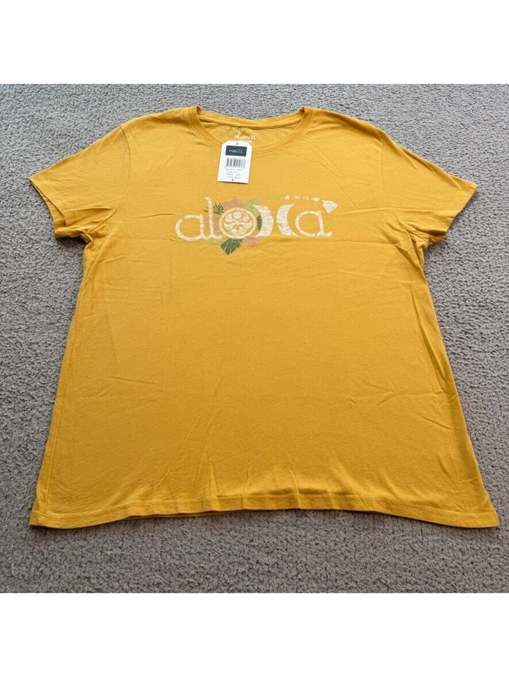 Hurley Women’s Aloha Floral Logo T-Shirt Large Mustard Yellow Surf Tee NWT